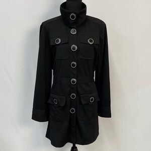 Pure Amici Black Button-Up Women's Knee Length Trench Coat, size XL